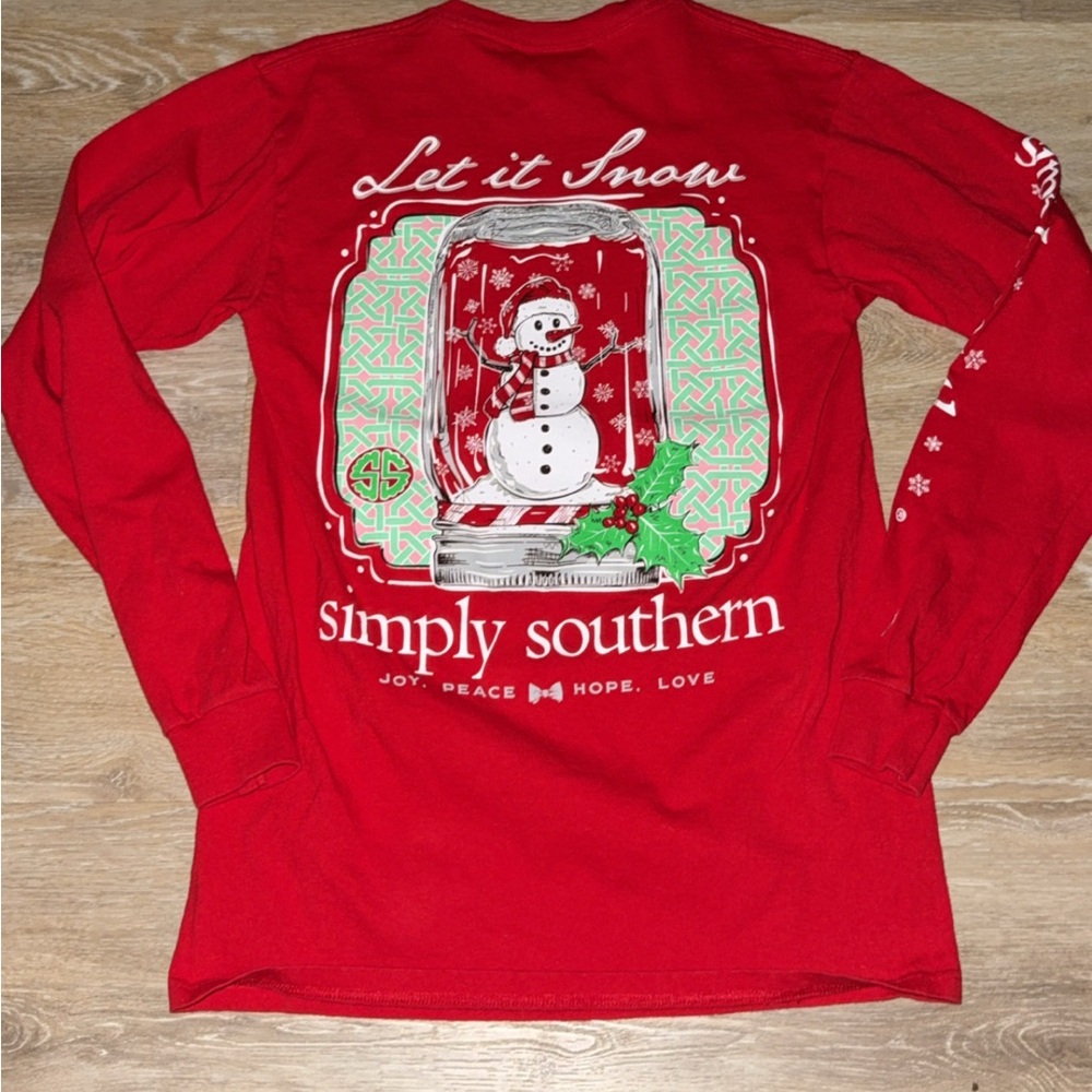 Simply Southern "Let It Snow" long sleeve t-shirt in red with a snowman